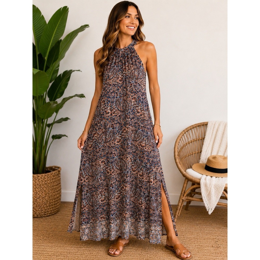 MSK Paisley Halter Maxi Dress Navy Orange Boho Sleeveless Size Medium